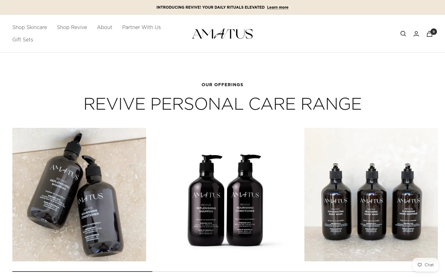 The desktop page features a clean, white layout with the Amatus logo centered in the navigation bar. A large section titled 'OUR OFFERINGS' displays the 'REVIVE PERSONAL CARE RANGE' with three high-quality lifestyle images of dark amber pump bottles against neutral backgrounds. The design uses elegant serif typography and ample white space.