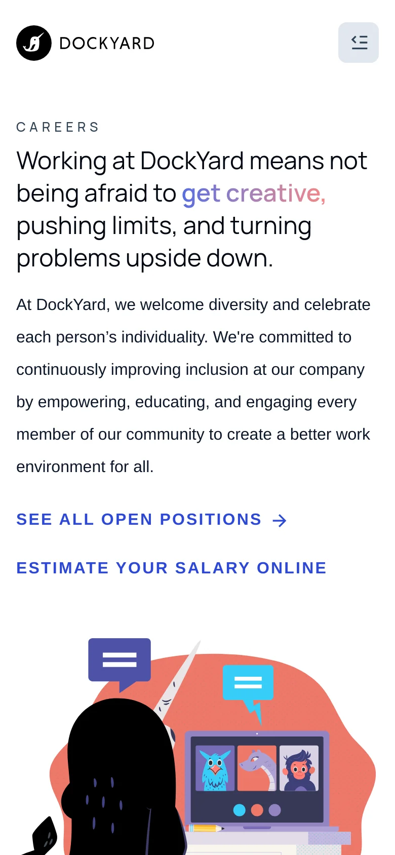 The mobile version uses a single-column vertical layout on a white background. The mission statement and diversity text are stacked at the top, followed by a prominent blue 'SEE ALL OPEN POSITIONS' link with an arrow. The large colorful illustration of the video call is moved below the primary text links.