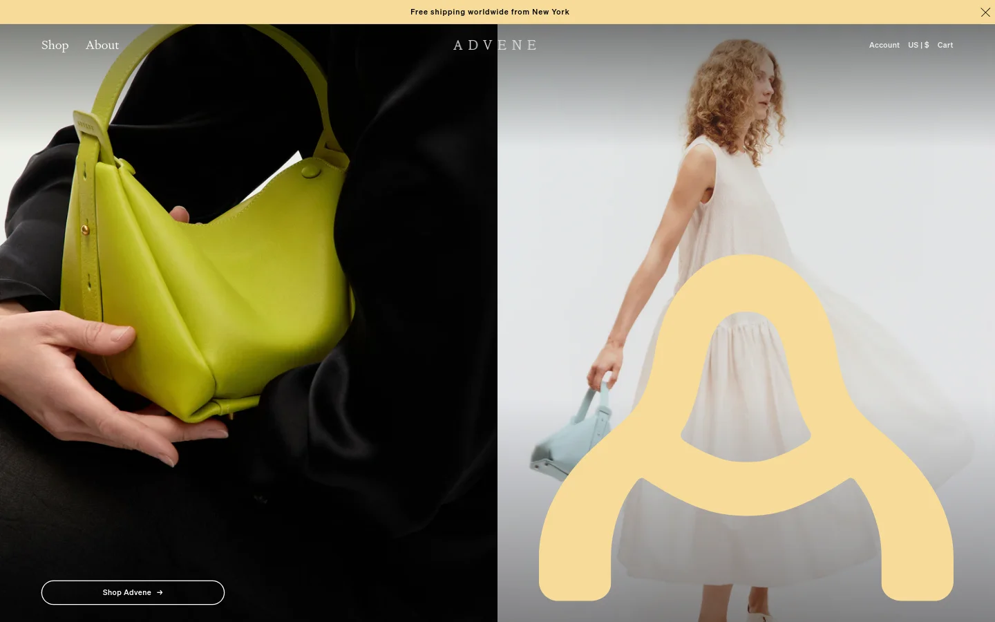 The desktop homepage features a split-screen hero image: a close-up of a lime green handbag on the left and a woman in a white dress holding a light blue bag on the right. A minimalist navigation bar sits at the top with 'Shop' and 'About' on the left, and 'Account' and 'Cart' on the right, above a 'Shop Advene' call-to-action button. The design uses a neutral, high-fashion aesthetic with plenty of white space.