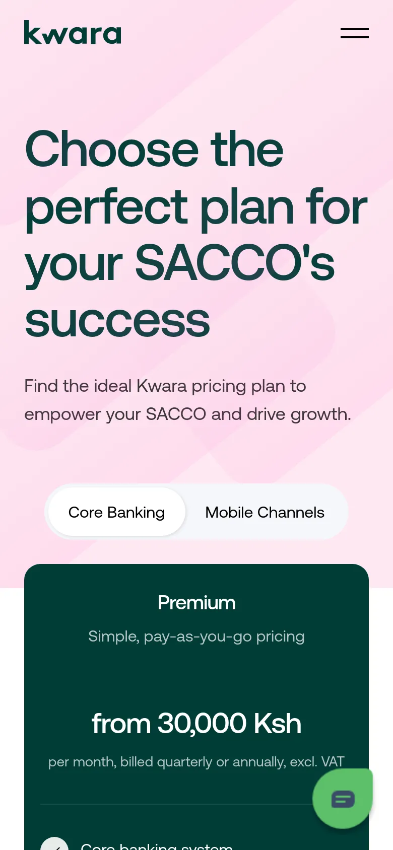 The mobile version presents a vertically stacked layout on a pink gradient background, starting with the large main headline and subtext. The pricing toggle and the 'Premium' plan card are centered and occupy the full width of the screen, with a floating chat icon in the bottom right corner. The desktop navigation is replaced by a hamburger menu icon in the top right.