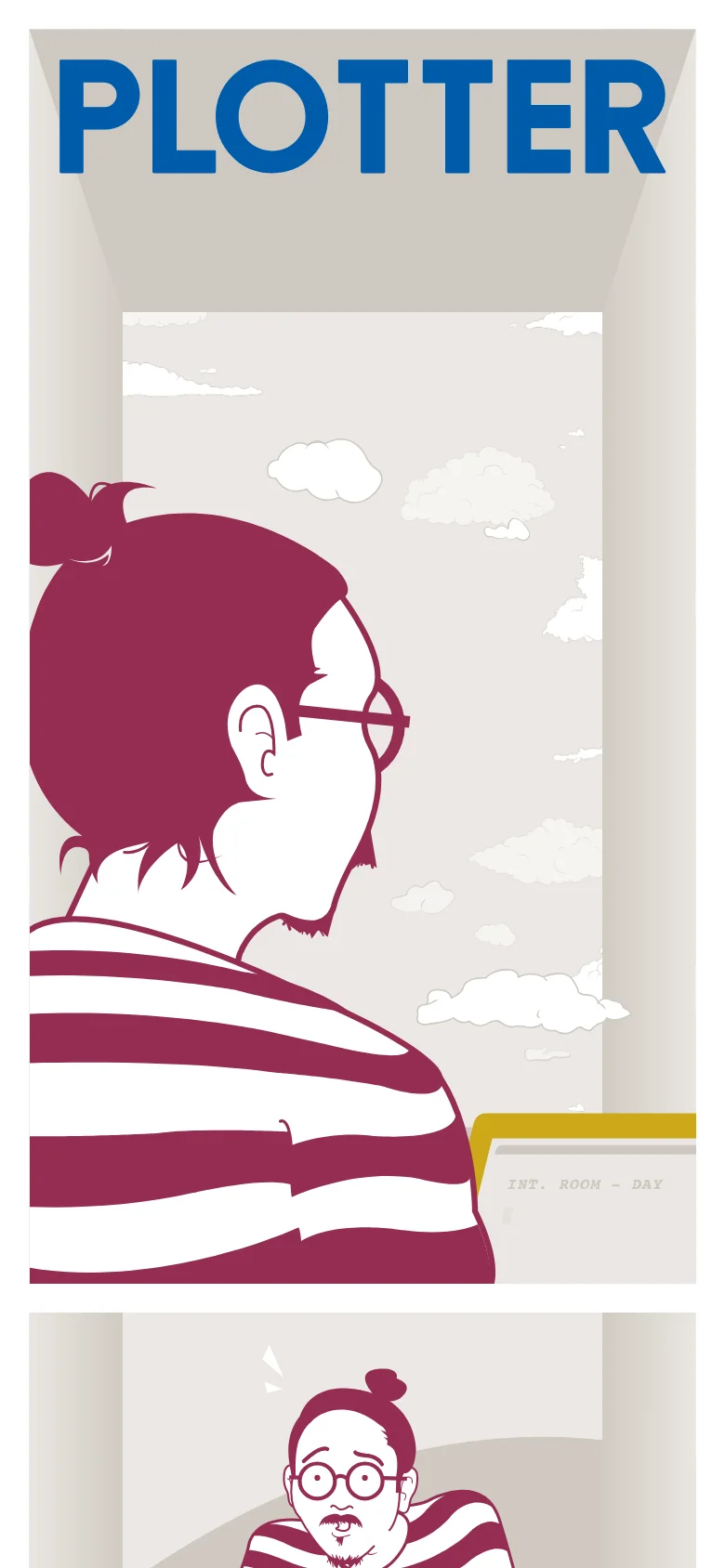 The mobile version presents a vertically cropped version of the same illustration, focusing more closely on the person's head and shoulders. The large blue 'PLOTTER' text is positioned at the very top, and the layout shifts to a portrait orientation to accommodate the narrow screen.