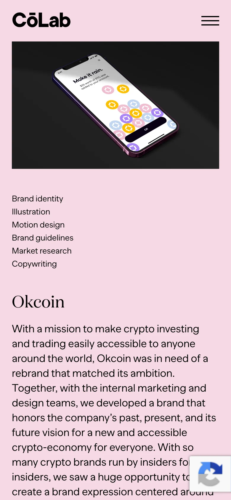 The mobile version simplifies the layout with a centered CōLab logo and a hamburger menu icon in the header. The hero image of the smartphone remains prominent, while the text content and service list stack vertically for easier scrolling on a narrow screen.