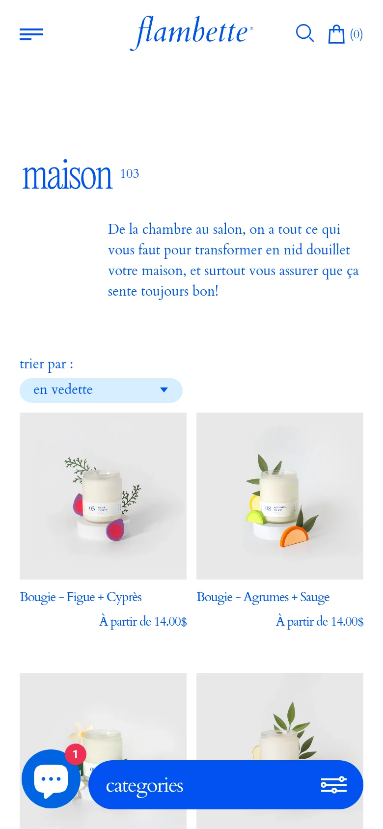The mobile version presents a simplified, single-column layout with the Flambette logo centered at the top and a hamburger menu on the left. The 'maison 103' heading and description are centered, followed by a dropdown sorting menu and a two-column grid of product images. A prominent blue 'categories' floating action button with a settings icon is anchored at the bottom of the screen.