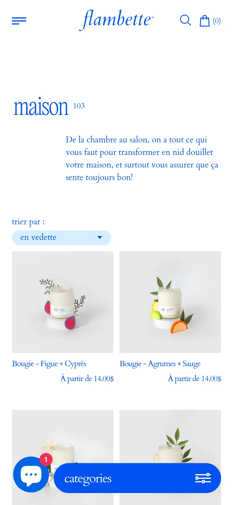 The mobile version presents a simplified, single-column layout with the Flambette logo centered at the top and a hamburger menu on the left. The 'maison 103' heading and description are centered, followed by a dropdown sorting menu and a two-column grid of product images. A prominent blue 'categories' floating action button with a settings icon is anchored at the bottom of the screen.