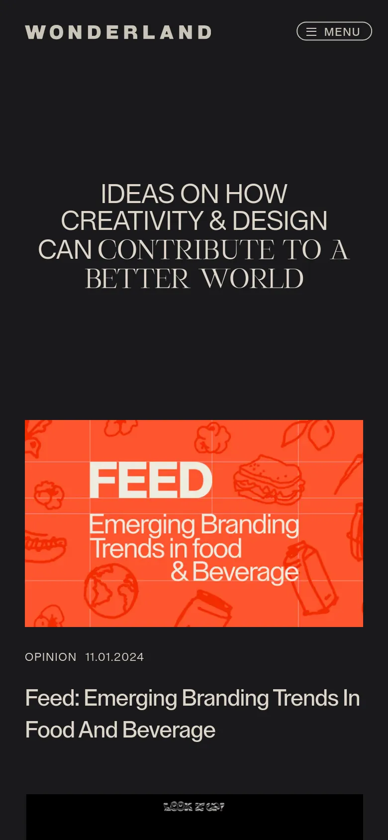 The mobile version presents a similar dark theme with the large white headline centered at the top. The layout is vertically stacked, showing the headline followed by a large orange graphic card containing the text 'FEED' and 'Emerging Branding Trends in food & Beverage' with simple line art icons.