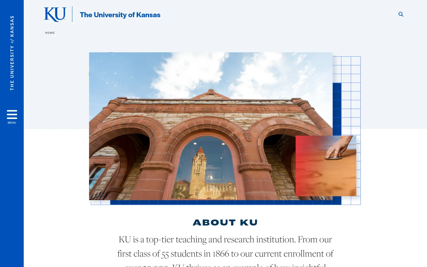 The desktop page features a large hero image of a red sandstone building with arched windows reflecting a historic tower, set against a blue and white grid background. Below the image, the headline 'ABOUT KU' appears in bold blue text above a paragraph describing the university's history and mission. A blue vertical sidebar on the left contains the university name and a menu icon.
