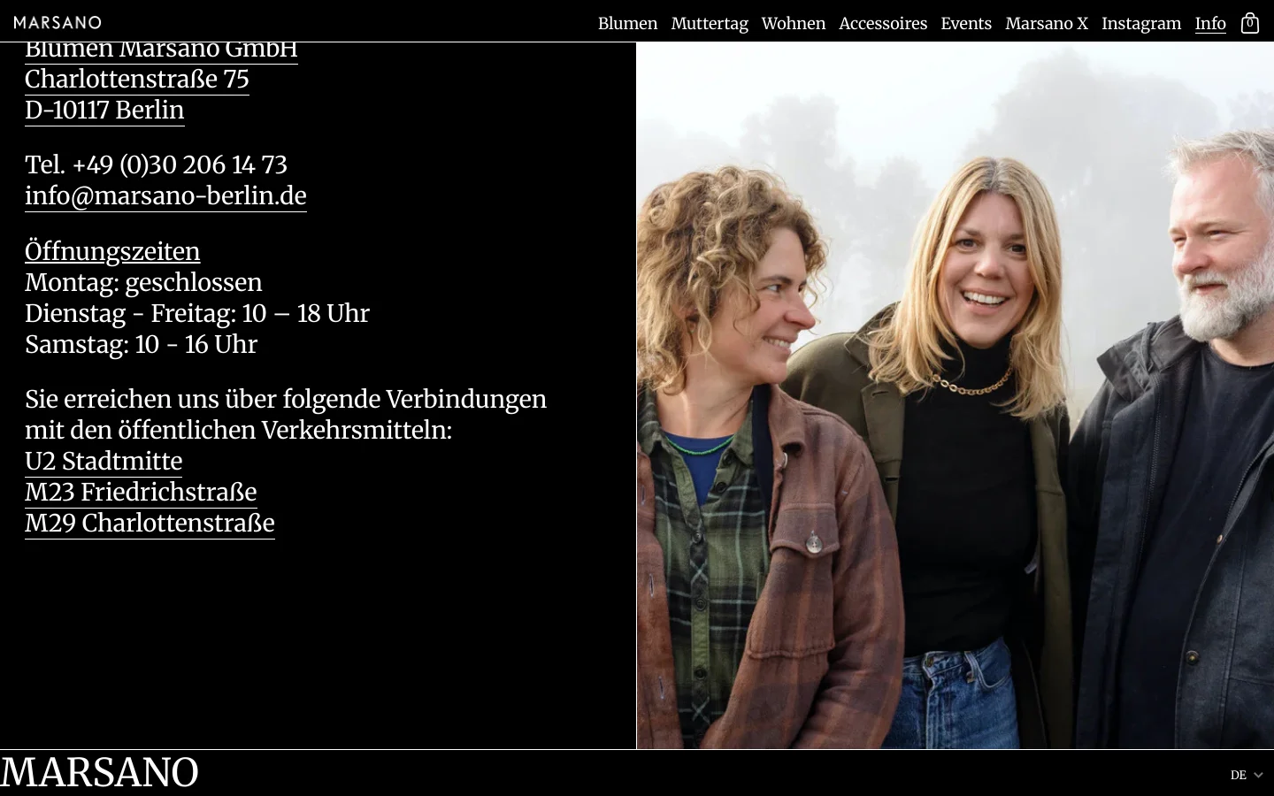 The desktop page features a split layout with contact information, opening hours, and transit details in white text on a black background on the left. The right side displays a large, warm-toned photograph of three smiling people outdoors. A minimalist navigation menu is at the top, and the MARSANO logo appears at the bottom left.