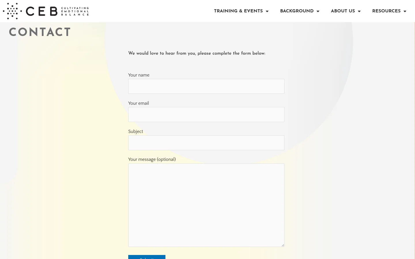 The desktop contact page features a clean layout with a white and pale yellow background. A large 'CONTACT' heading sits on the left, while a contact form with fields for name, email, subject, and message is positioned on the right. The top navigation bar includes the CEB logo and links for Training & Events, Background, About Us, and Resources.