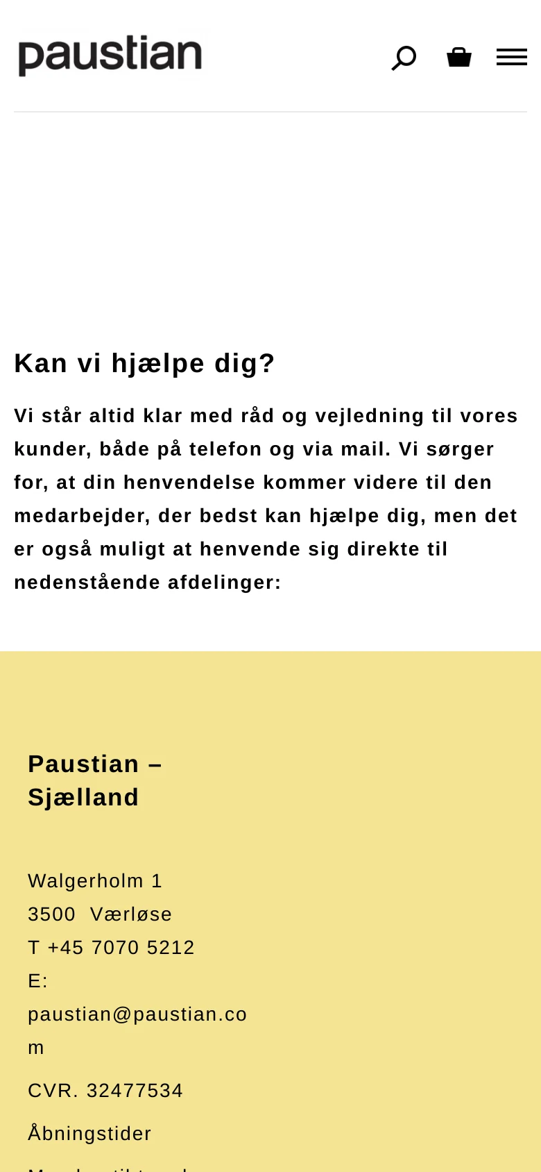 The mobile version uses a simplified layout with a condensed header featuring the logo, a search icon, a shopping bag, and a hamburger menu. The content follows a single-column vertical stack, presenting the main headline, introductory text, and the yellow contact section for Sjælland.