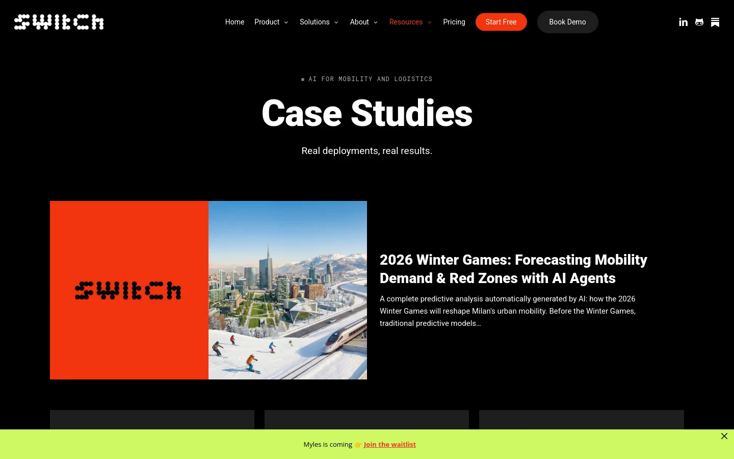 The Case Studies page features a dark theme with white and orange accents. A large hero section displays the title 'Case Studies' and a featured case study about the 2026 Winter Games, showing a split image of an orange block with the SWITCH logo and a cityscape with a train. Below, a grid layout presents additional case studies with text descriptions and call-to-action buttons.