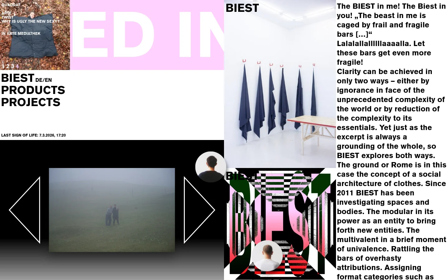 The desktop homepage features a minimalist, avant-garde layout with a white background and bold black typography. Large text elements like 'BIEST' and 'PRODUCTS' are arranged alongside various rectangular images of varying sizes, including portraits and abstract photography. The design uses a high-contrast aesthetic with occasional splashes of light pink.
