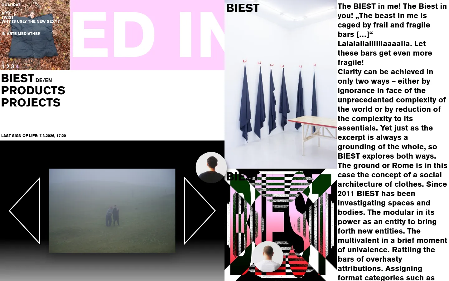 The desktop homepage features a minimalist, avant-garde layout with a white background and bold black typography. Large text elements like 'BIEST' and 'PRODUCTS' are arranged alongside various rectangular images of varying sizes, including portraits and abstract photography. The design uses a high-contrast aesthetic with occasional splashes of light pink.