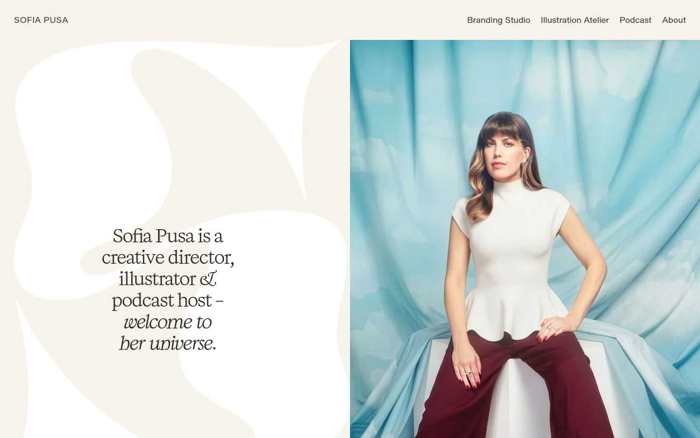The desktop homepage features a split-screen hero section with a cream-colored organic shape on the left containing serif text and a portrait of Sofia Pusa against a blue sky backdrop on the right. A navigation menu is at the top right, and the rest of the page includes sections for Branding Studio, Illustration Atelier, and Featured Projects with large imagery and descriptive text.