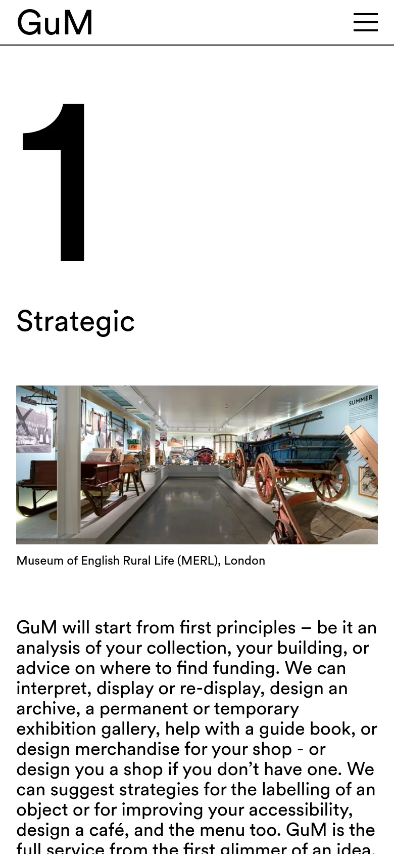 The mobile version maintains the minimalist white aesthetic but uses a vertical stack layout. The large number '1' and 'Strategic' headline appear at the top, followed by the museum interior photograph which is scaled to fit the width of the screen, with the descriptive text flowing underneath.