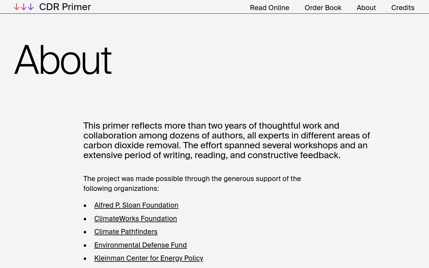 The About page features a clean, minimalist layout with a white background and black text. A top navigation bar contains the CDR Primer logo and links for Read Online, Order Book, About, and Credits. The main content displays a large 'About' heading followed by descriptive text and a bulleted list of supporting organizations.