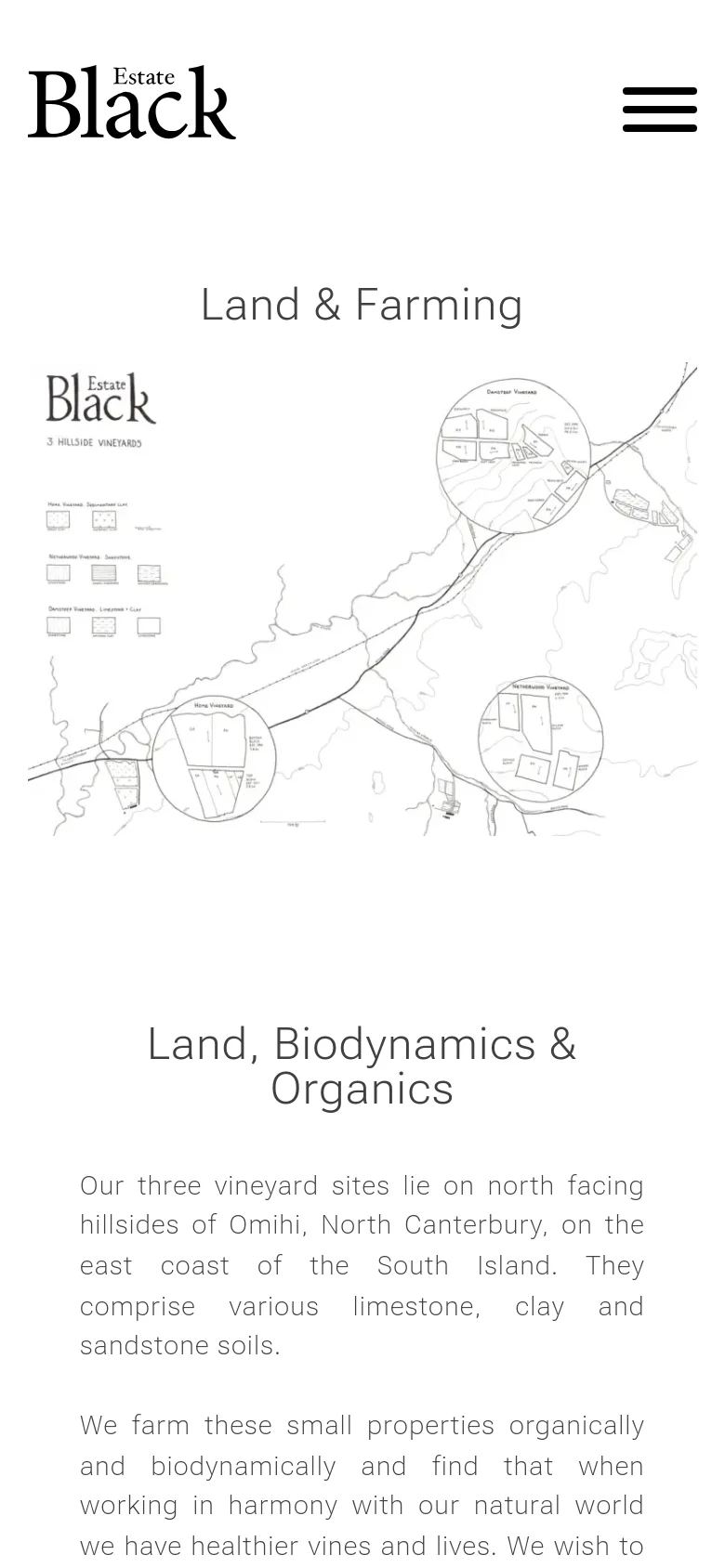 The mobile version simplifies the layout, showing the Black Estate logo and a hamburger menu icon at the top. The hand-drawn vineyard map is scaled down to fit the width of the screen, followed by the 'Land, Biodynamics & Organics' section with centered text.