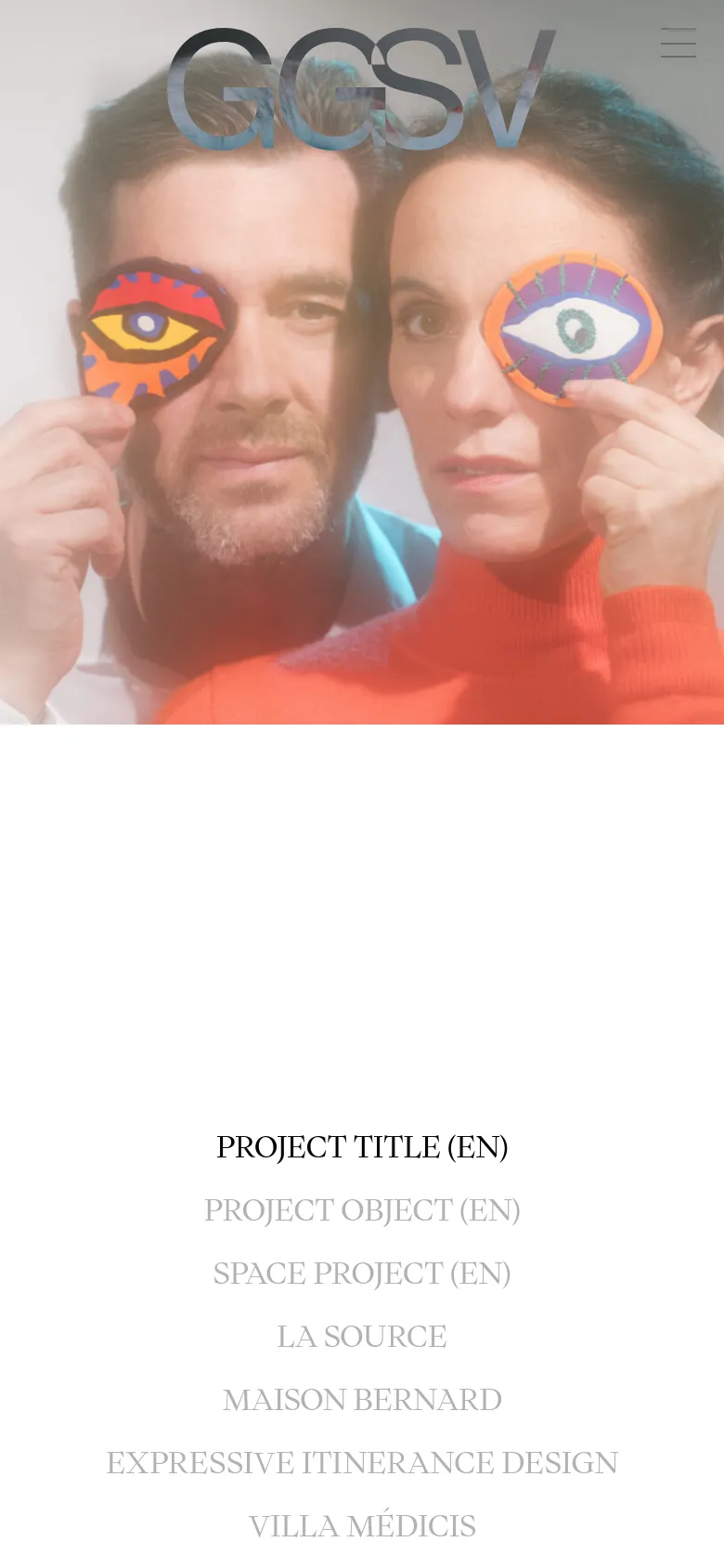 The mobile version displays the hero image of the couple with eye cutouts at the top, covering most of the screen. The 'GGSV' logo is centered over the image, and a hamburger menu icon is visible in the top right corner. The list of client projects follows below the image in a single-column vertical layout.