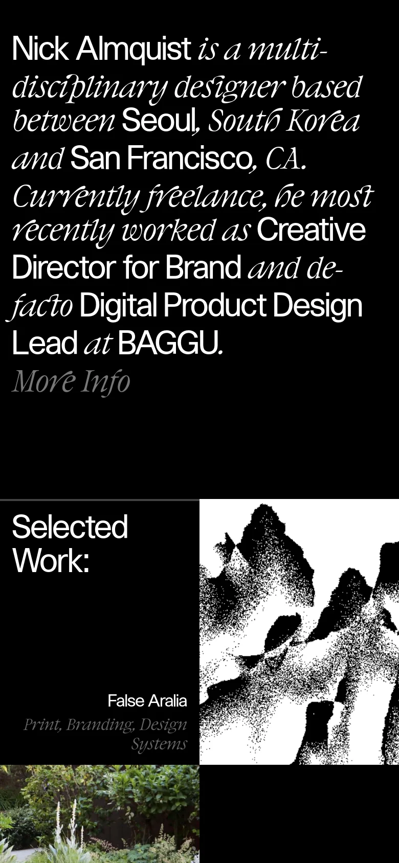 The mobile version maintains the black and white high-contrast aesthetic but utilizes a vertical stack. The large serif introduction is positioned at the top, followed by the stippled mountain imagery, and then the project index, ensuring readability on a narrow screen.