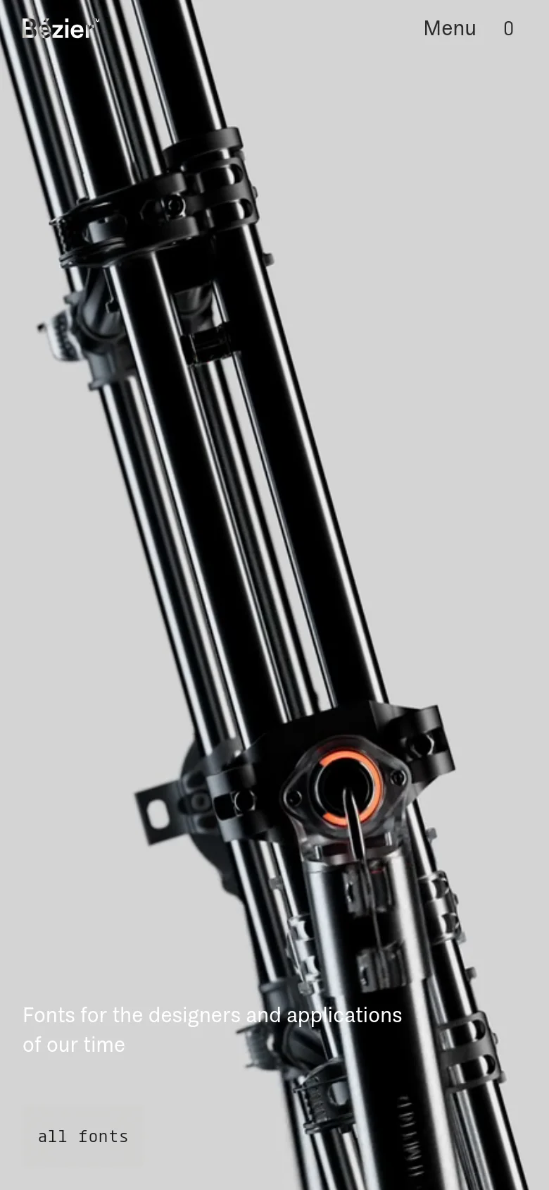 The mobile version presents a vertically oriented layout with a large, close-up hero image of black industrial poles and mechanical parts. The 'Bézier' logo is positioned in the top left, with 'Menu' and a shopping cart icon in the top right. The headline and 'all fonts' button are centered at the bottom of the screen over the image.