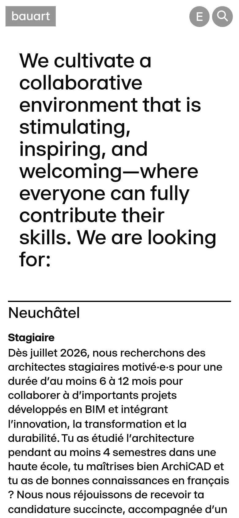 The mobile version maintains the minimalist white and black aesthetic but uses a single-column layout. The large introductory headline is stacked vertically, and the job listings follow in a vertical list, making the text easier to read on a narrow screen.