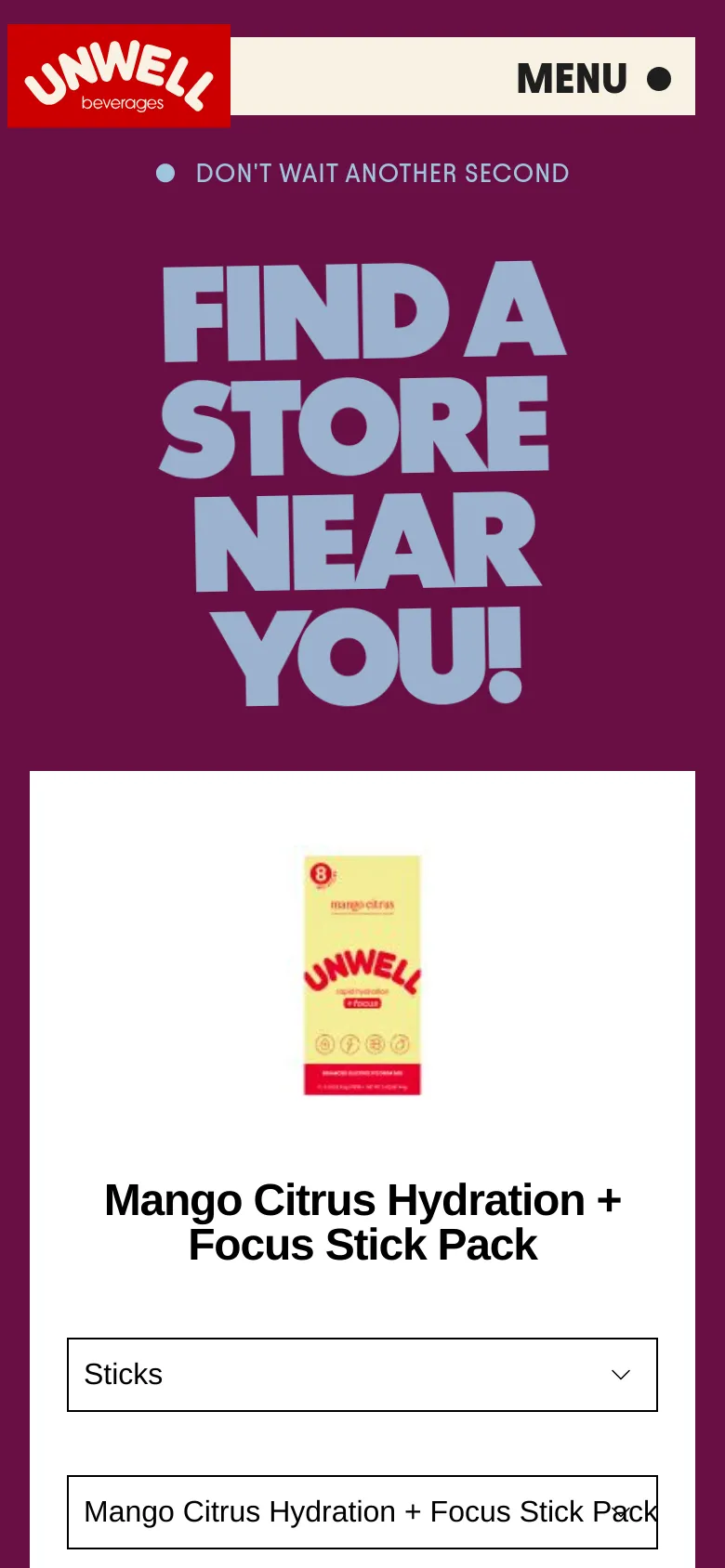 The mobile version presents a vertically stacked layout with the large 'FIND A STORE NEAR YOU!' headline at the top on a maroon background. Below, the product selection dropdowns and 'FIND ONLINE' and 'FIND NEARBY' sections are arranged in a single column for easier scrolling on smaller screens.