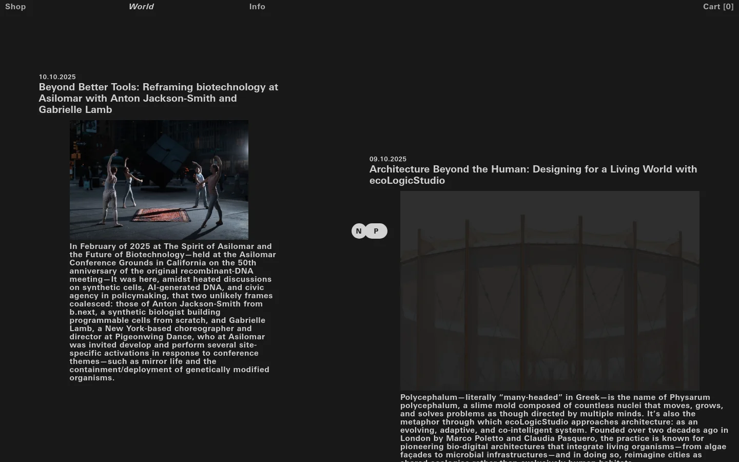 The desktop Journal page features a dark minimalist layout with a navigation menu at the top. It displays a vertical feed of articles, each consisting of a date, a large bold headline, a rectangular featured image, and a summary paragraph in white text against a black background.