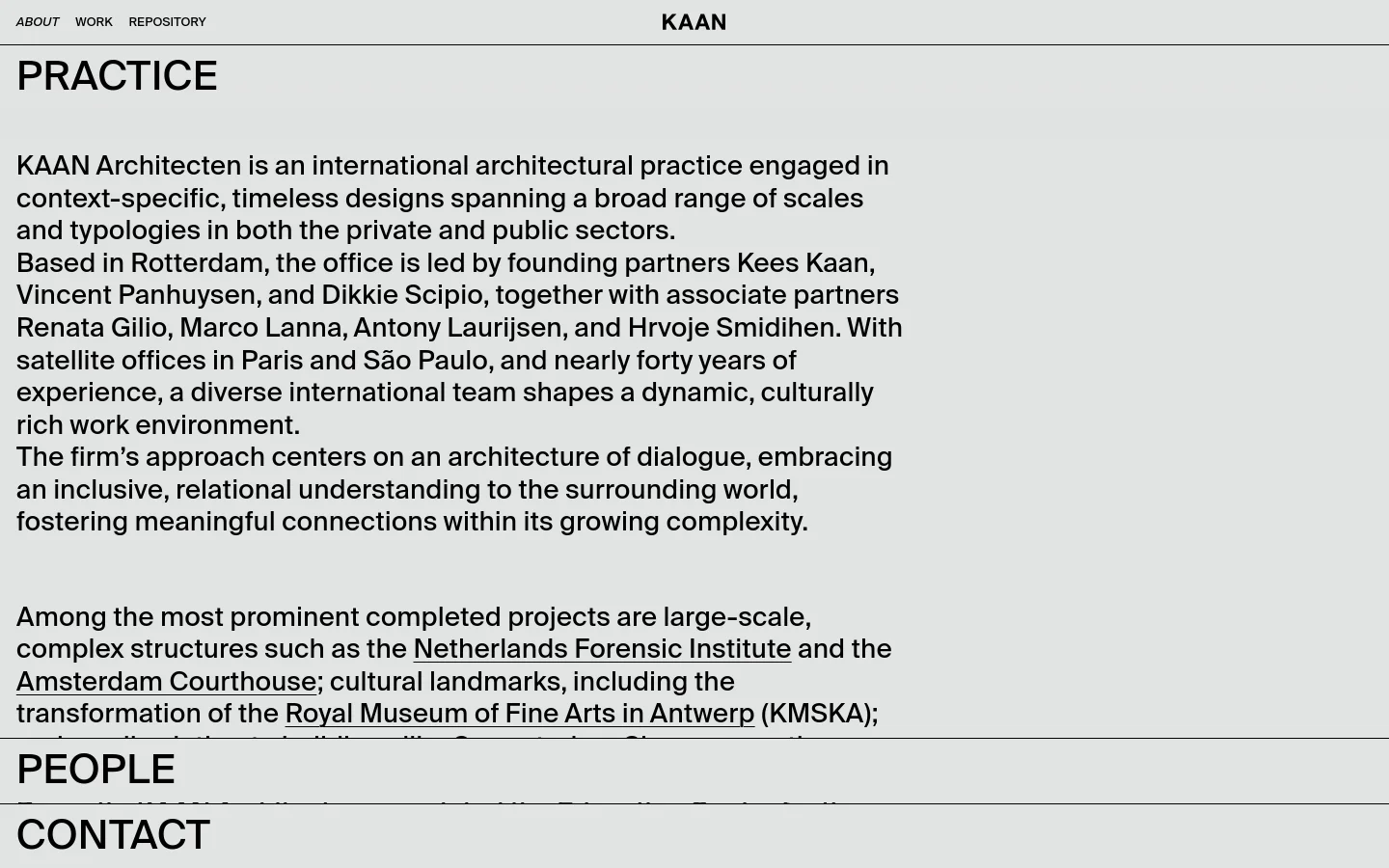 The desktop About page features a minimalist design with a light grey background and black sans-serif typography. The layout consists of a top navigation bar with links for About, Work, and Repository, followed by a large 'PRACTICE' heading and several paragraphs of text detailing the firm's history and projects. Sections for 'PEOPLE' and 'CONTACT' are visible at the bottom, separated by thin horizontal lines.