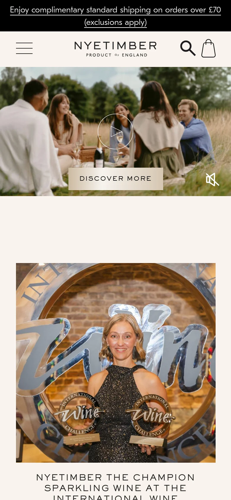 The mobile version presents a condensed layout with a hamburger menu, search, and shopping bag icons in the header. The hero video section is vertically stacked, and the news and product sections follow a single-column scrolling format for easier touch navigation.