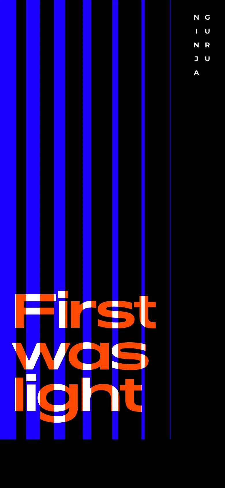The mobile version maintains the high-contrast aesthetic with the 'First was light' hero text and vertical blue stripes at the top. The layout shifts to a single-column vertical scroll, presenting the studio information and project tiles—such as 'Mass of the world' and 'SHE'—one after another in a stacked format for easier vertical navigation.