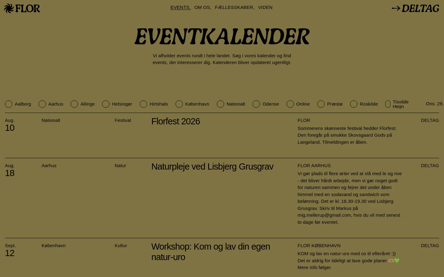 The desktop version of the Events page features a minimalist design with a mustard-yellow background and black text. A large 'EVENTKALENDER' headline is followed by a list of city filters with circular radio buttons, and a vertical list of upcoming events organized in a clean, multi-column table layout with dates, locations, categories, and titles.