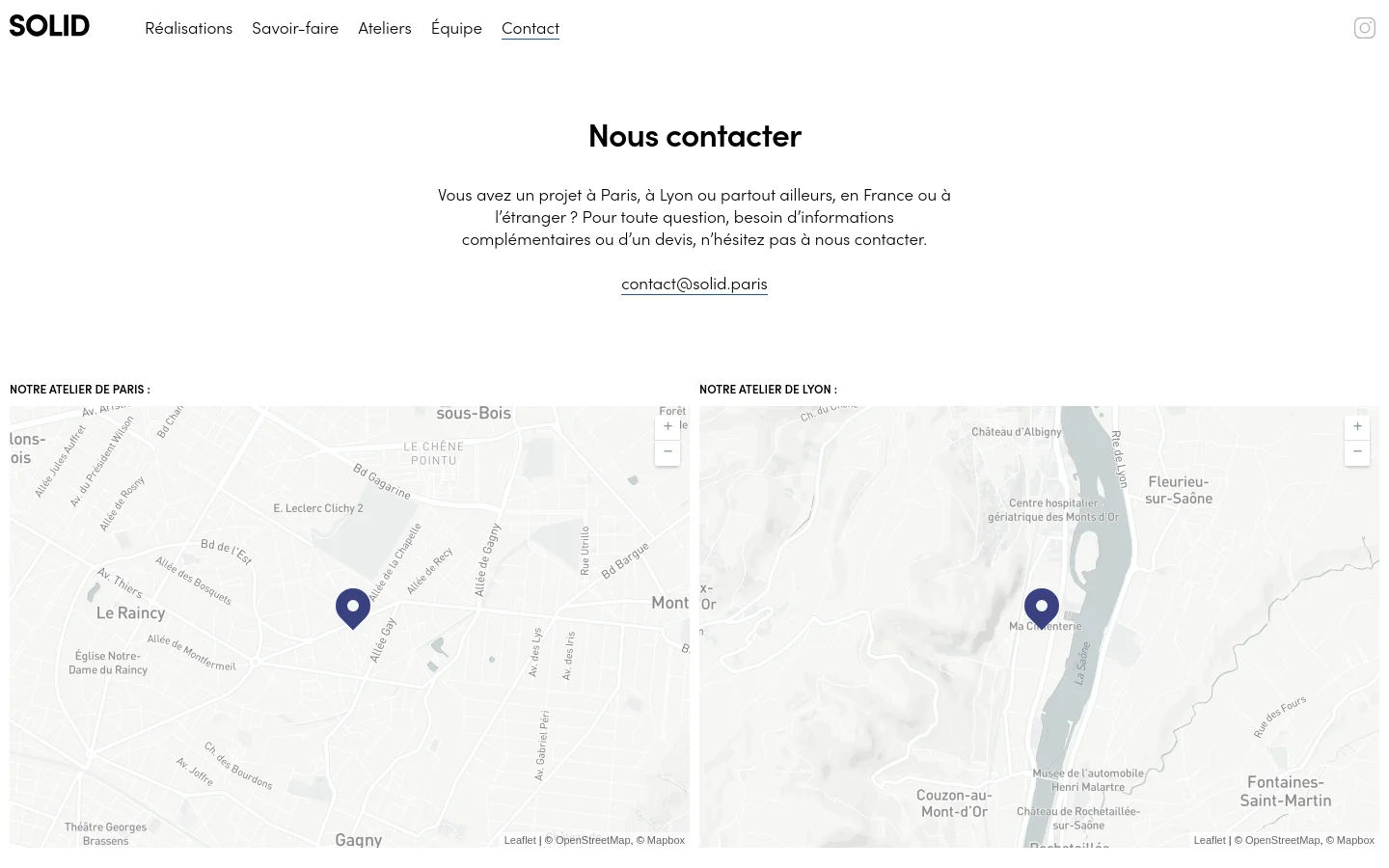The Contact page features a minimalist white layout with a centered headline 'Nous contacter' and an email link. Below the text, a wide Mapbox map shows the location of the Paris workshop, with the navigation menu positioned at the top left.