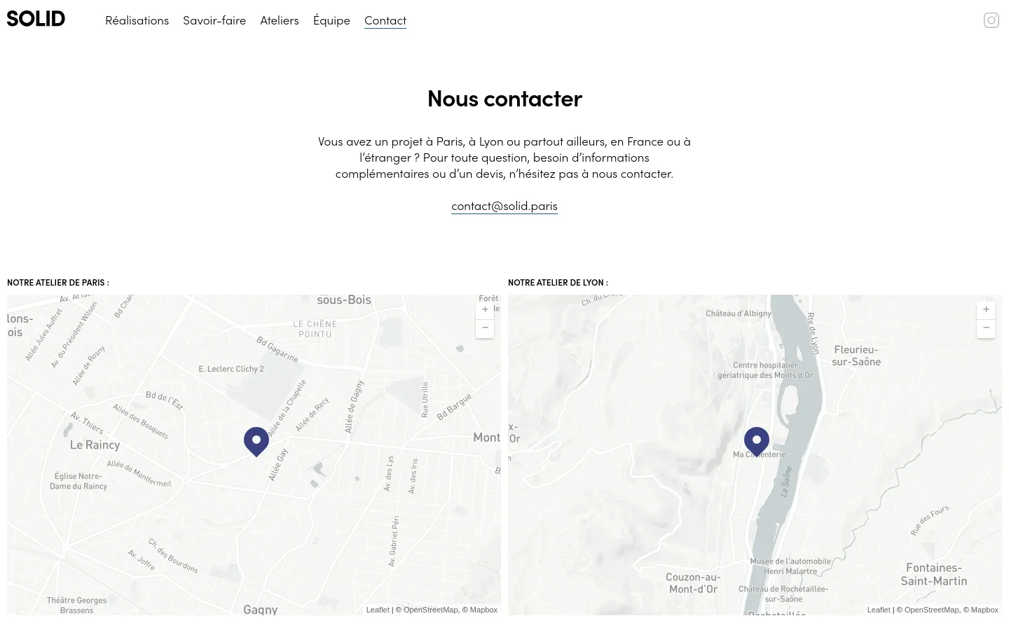 The Contact page features a minimalist white layout with a centered headline 'Nous contacter' and an email link. Below the text, a wide Mapbox map shows the location of the Paris workshop, with the navigation menu positioned at the top left.