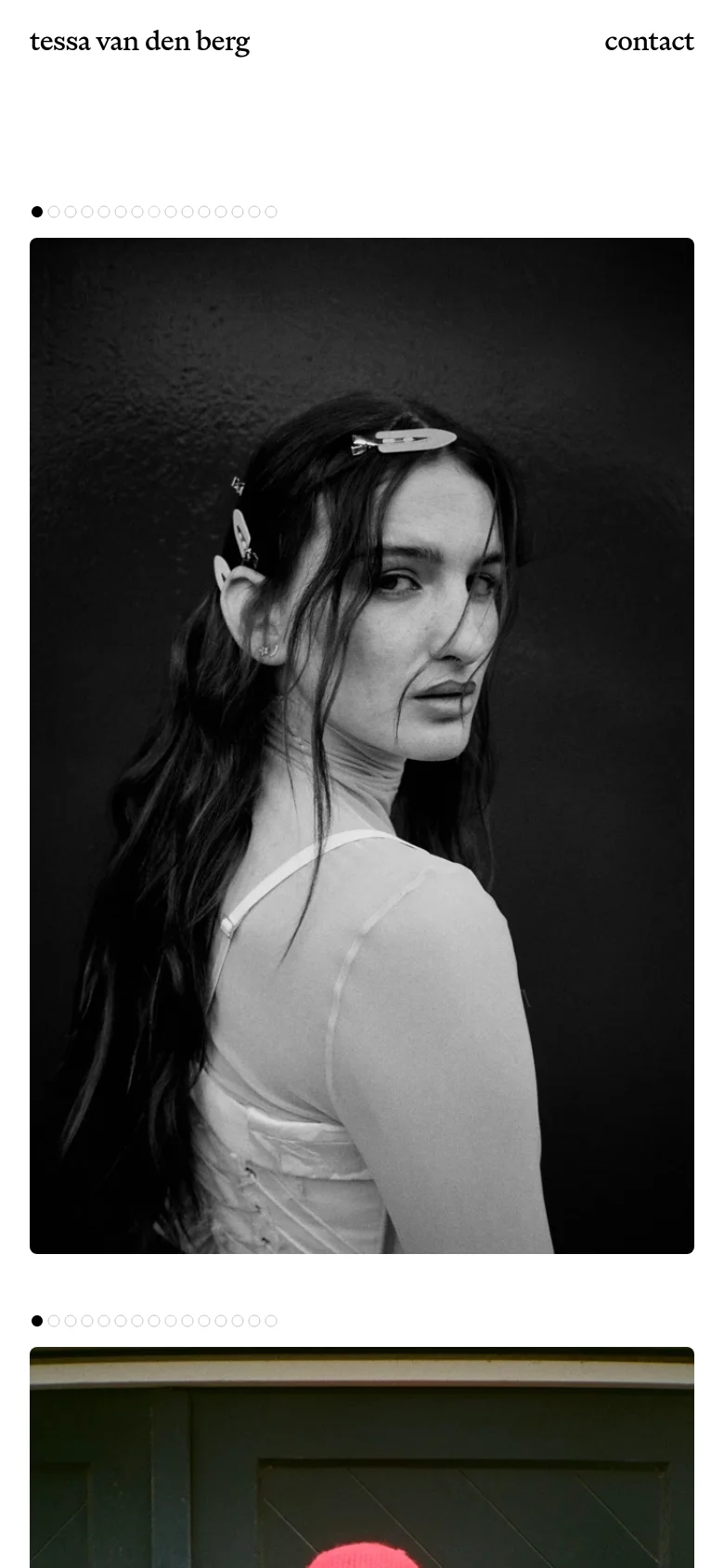 The mobile version maintains the minimalist white aesthetic but stacks the large vertical film photography portraits into a single-column vertical scroll. The header remains at the top with the name and contact link, while the imagery occupies the full width of the screen for a focused viewing experience.