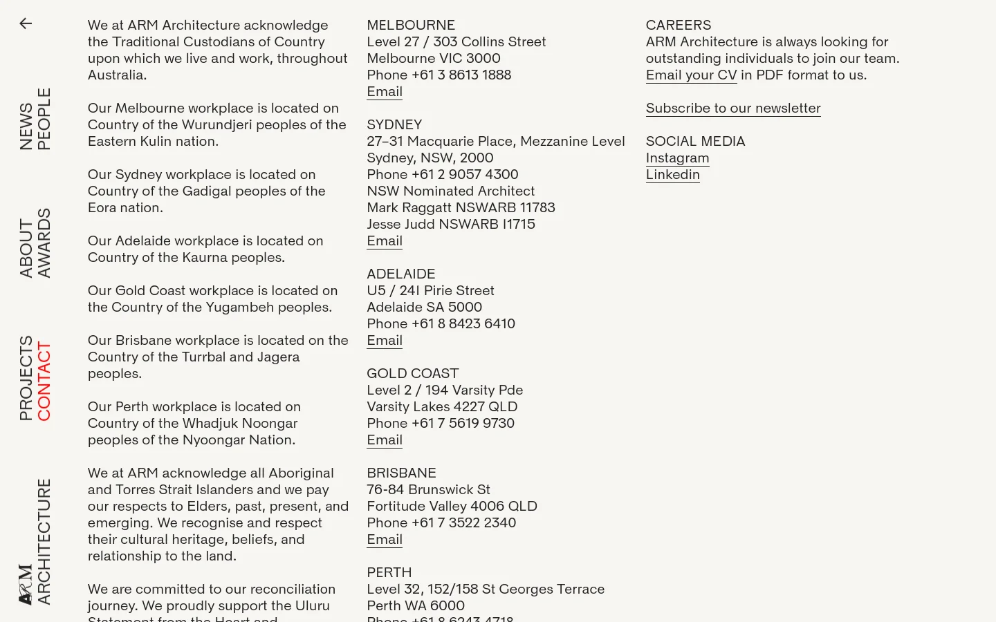The desktop Contact page features a minimalist white background with black text arranged in a multi-column layout. On the left, vertical navigation links like 'NEWS', 'ABOUT', and 'PROJECTS' run alongside a lengthy Acknowledgement of Country text. The main body contains contact details for various office locations (Melbourne, Sydney, Adelaide, Gold Coast, Brisbane, Perth) organized in columns, alongside 'CAREERS' and 'SOCIAL MEDIA' sections.