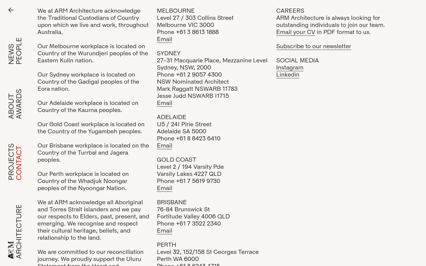 The desktop Contact page features a minimalist white background with black text arranged in a multi-column layout. On the left, vertical navigation links like 'NEWS', 'ABOUT', and 'PROJECTS' run alongside a lengthy Acknowledgement of Country text. The main body contains contact details for various office locations (Melbourne, Sydney, Adelaide, Gold Coast, Brisbane, Perth) organized in columns, alongside 'CAREERS' and 'SOCIAL MEDIA' sections.