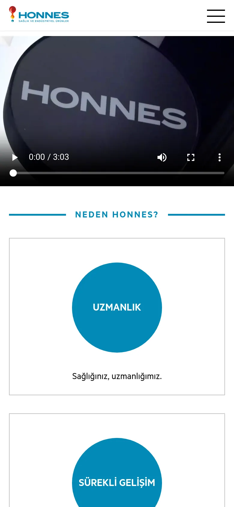 The mobile version simplifies the layout, replacing the desktop navigation bar with a hamburger menu icon on the right. The video hero section remains prominent at the top, followed by the 'NEDEN HONNES?' section where the blue circular feature icons are stacked vertically for easier scrolling on a narrow screen.