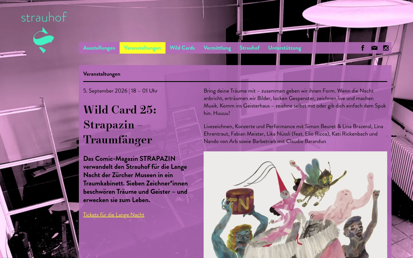 The desktop page features a purple-tinted background image of an interior space with a pink lamp. A navigation bar at the top includes links like 'Ausstellungen' and 'Veranstaltungen', alongside social media icons. The main content area displays an event titled 'Wild Card 25: Strapazin – Traumfänger' with text on the left and a colorful, surreal illustration of dream-like figures on the right.