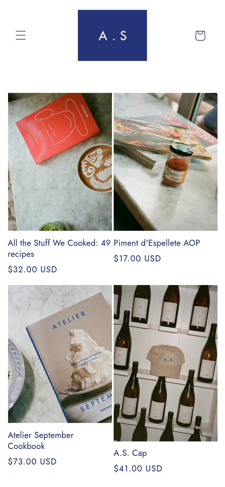 The mobile version simplifies the layout into a single-column vertical scroll, focusing on large product imagery. The header is condensed, replacing the full navigation menu with a hamburger icon on the left and a shopping bag icon on the right, centered around a dark blue brand block. Product titles and prices are positioned directly beneath their respective images for easy readability on smaller screens.