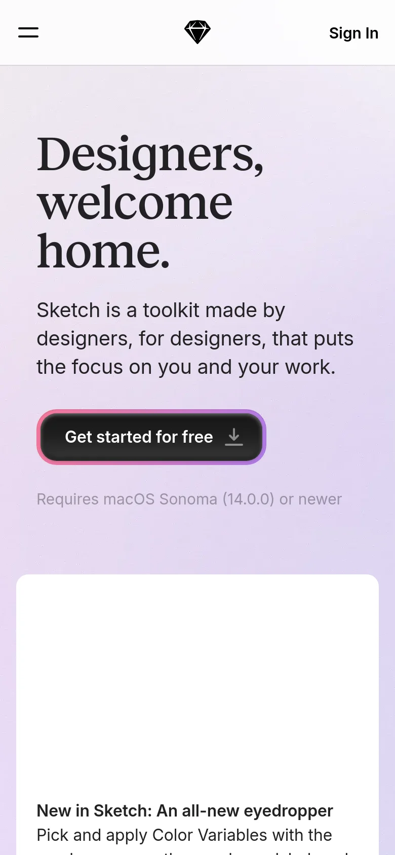 The mobile version presents a vertically stacked layout with the large 'Designers, welcome home' headline centered at the top. The 'Get started for free' button is prominently placed below the introductory text, and the navigation is simplified with a hamburger menu and a centered logo.