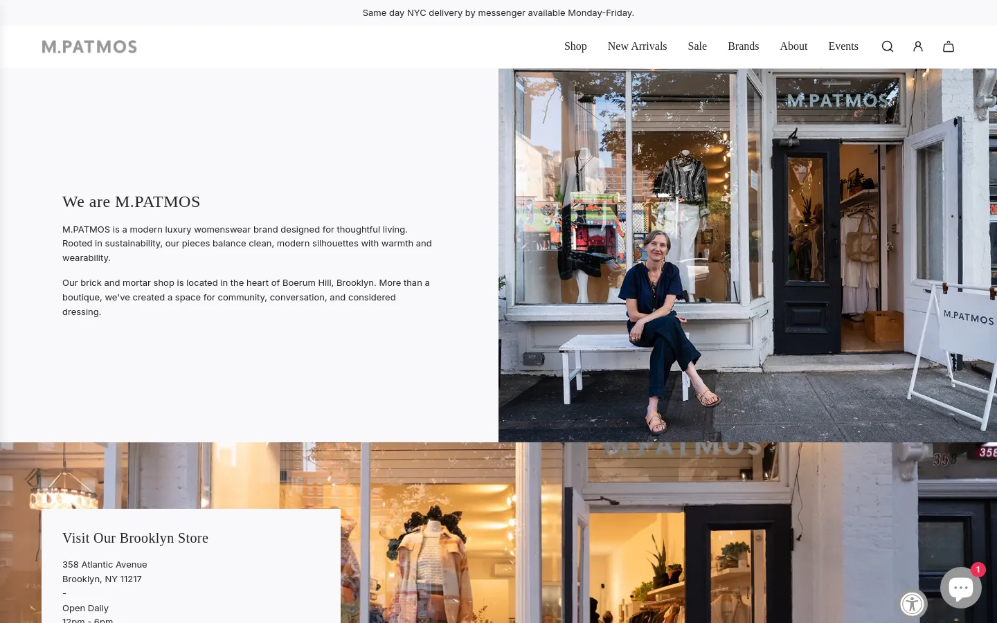 The desktop About page features a minimalist layout with a split-screen design. On the left, a white section contains the headline 'We are M.PATMOS' followed by descriptive text about the brand's mission and Brooklyn location. The right side displays a large, high-quality photograph of a woman sitting in front of a storefront window. A clean white navigation bar sits at the top with links for Shop, New Arrivals, Sale, Brands, About, and Events.