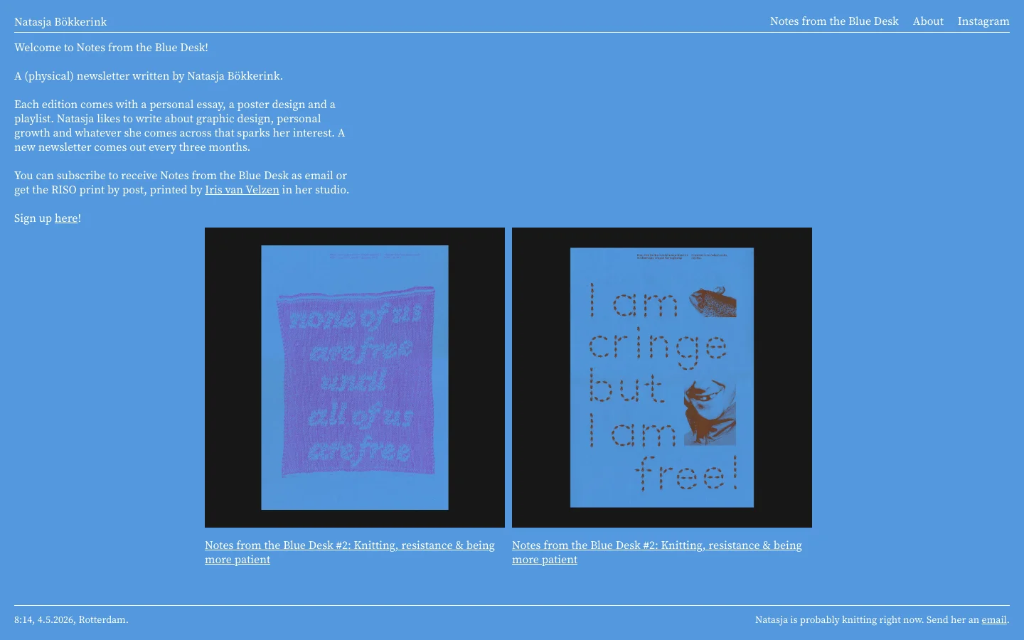 A minimalist website with a light blue background and white text. The layout features a navigation menu at the top, followed by a centered introductory text about a newsletter, and two large poster images displayed side-by-side in the center. The footer contains a timestamp and a contact link.