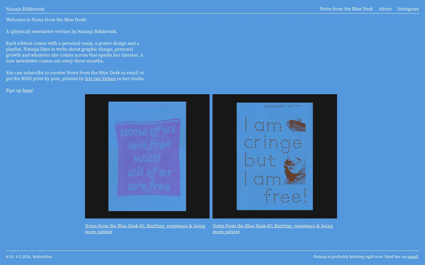 A minimalist website with a light blue background and white text. The layout features a navigation menu at the top, followed by a centered introductory text about a newsletter, and two large poster images displayed side-by-side in the center. The footer contains a timestamp and a contact link.