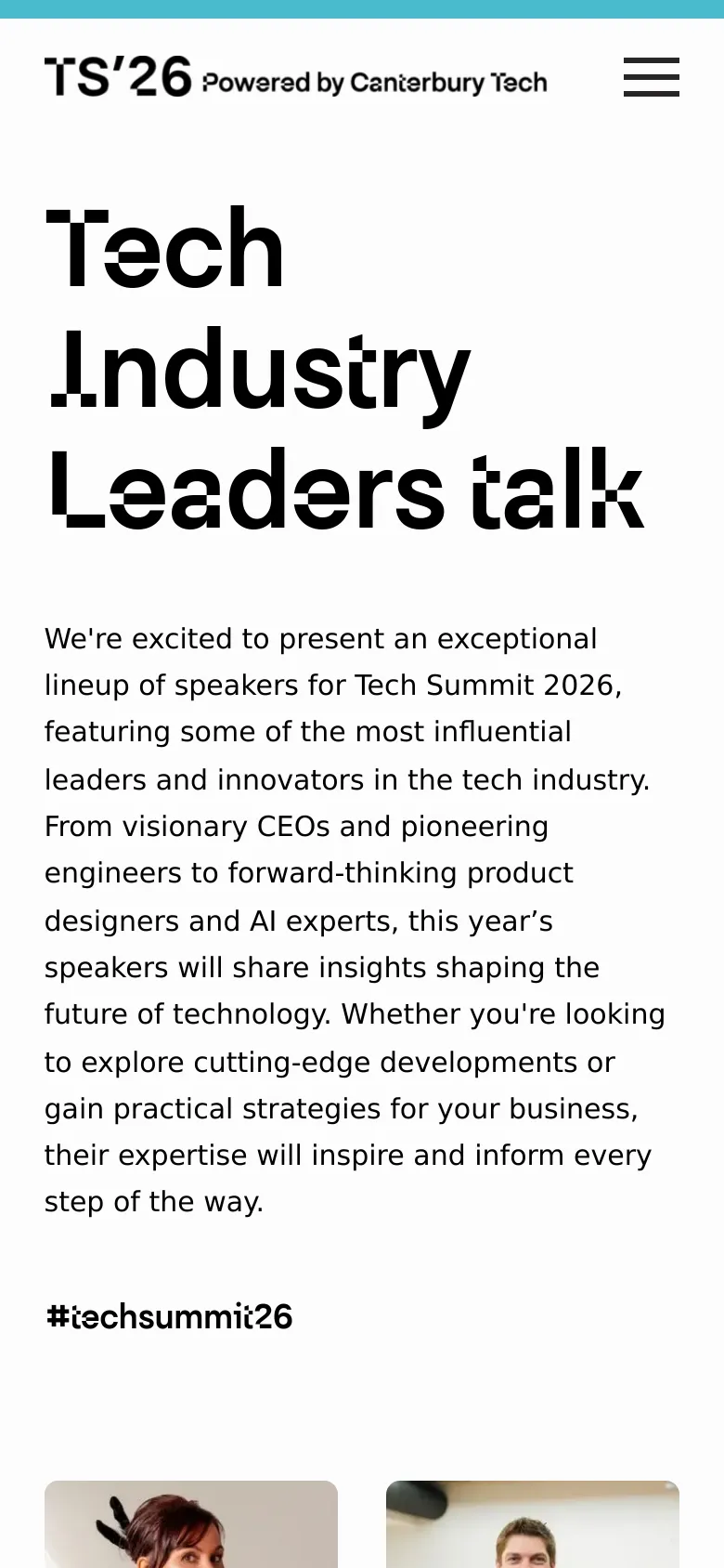 The mobile version simplifies the layout, replacing the top navigation bar with a hamburger menu icon next to the TS'26 logo. The large bold headline and introductory text remain centered, but the content is stacked vertically to fit the narrow screen, with the speaker portrait grid beginning below the hashtag.