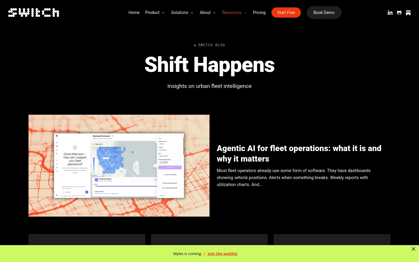 The SWITCH blog landing page features a dark theme with white text. A large hero section displays the headline 'Shift Happens' above a featured blog post about Agentic AI, which includes a large image of a software dashboard overlaid on a map. Below the hero, a grid of additional blog post cards is visible.