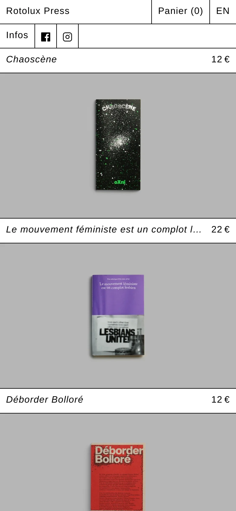 The mobile version displays the catalogue in a single-column vertical scroll, focusing on one book at a time with large images. The header is simplified with a hamburger menu icon and links for Panier and EN, while the book titles and prices are positioned prominently above and below each large cover image.