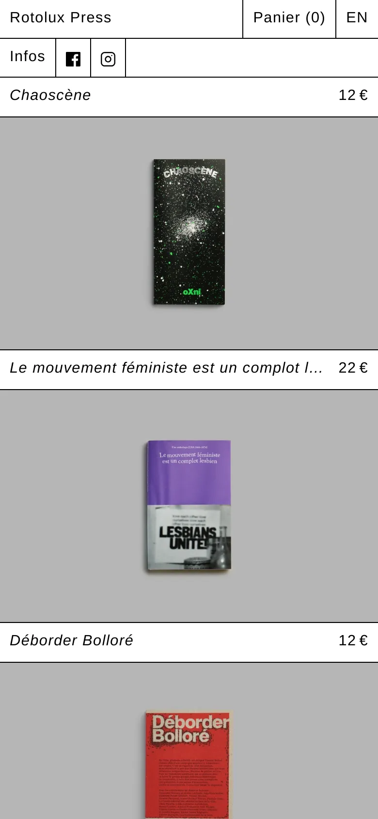 The mobile version displays the catalogue in a single-column vertical scroll, focusing on one book at a time with large images. The header is simplified with a hamburger menu icon and links for Panier and EN, while the book titles and prices are positioned prominently above and below each large cover image.