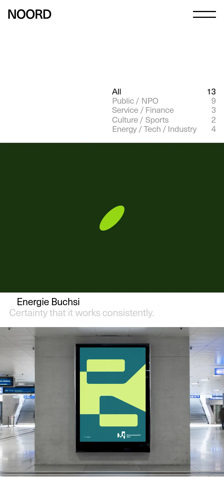 The mobile version maintains the minimalist white aesthetic but uses a simplified header with the Noord logo and a prominent two-line hamburger menu icon. The project filter list and the project grid are stacked vertically to fit the narrow screen, ensuring readability of the project titles and descriptions.
