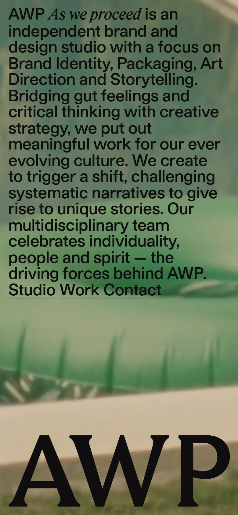 The mobile version presents a vertically stacked layout, beginning with the studio description and navigation links at the top. The large 'AWP' branding remains prominent, though the hero image is cropped to fit the narrower screen. The project portfolio follows in a single-column scrollable format, emphasizing large, full-width imagery for each work entry.