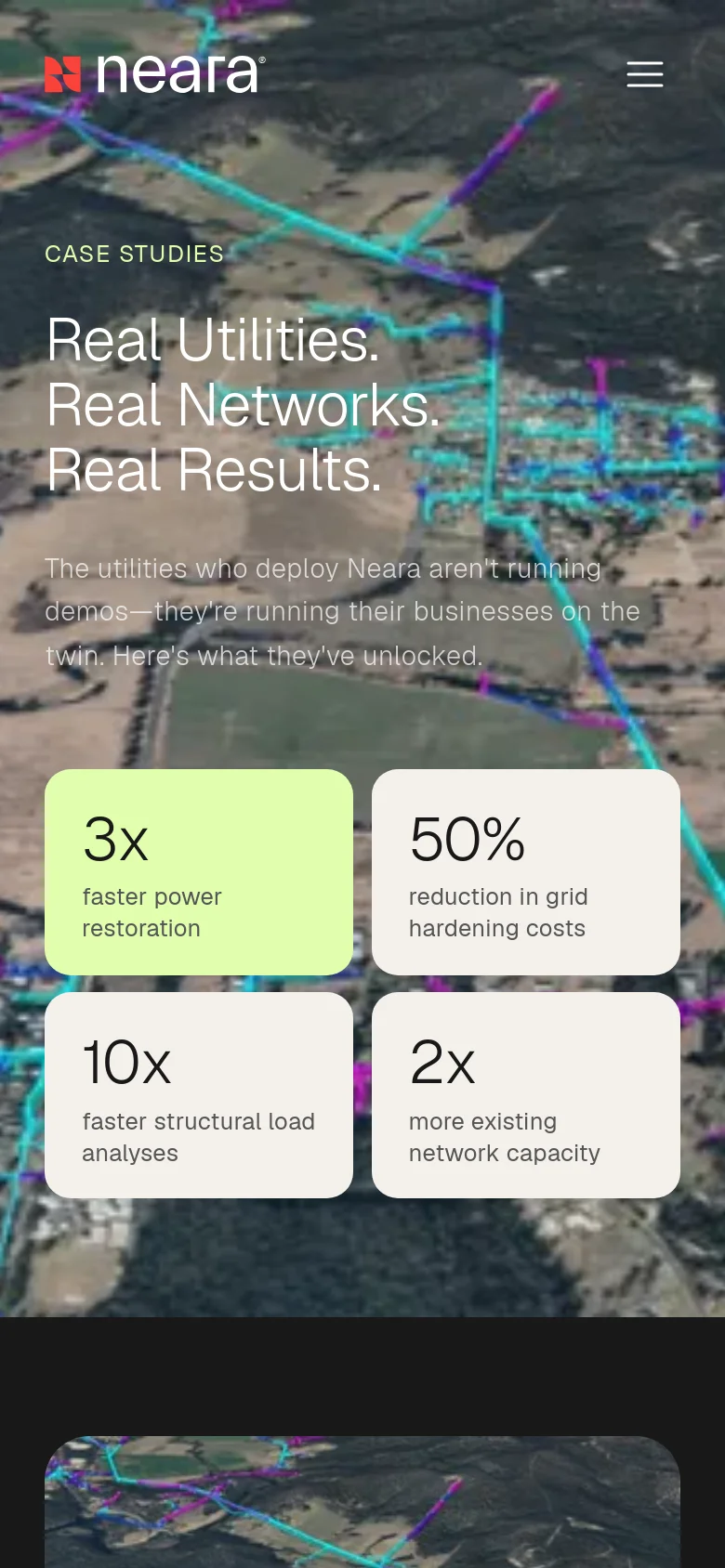 The mobile version presents a vertically stacked layout of the hero section, with the headline and descriptive text positioned above the four metric cards. The background remains an aerial landscape with digital network overlays, but the navigation is condensed into a hamburger menu icon in the top right corner.