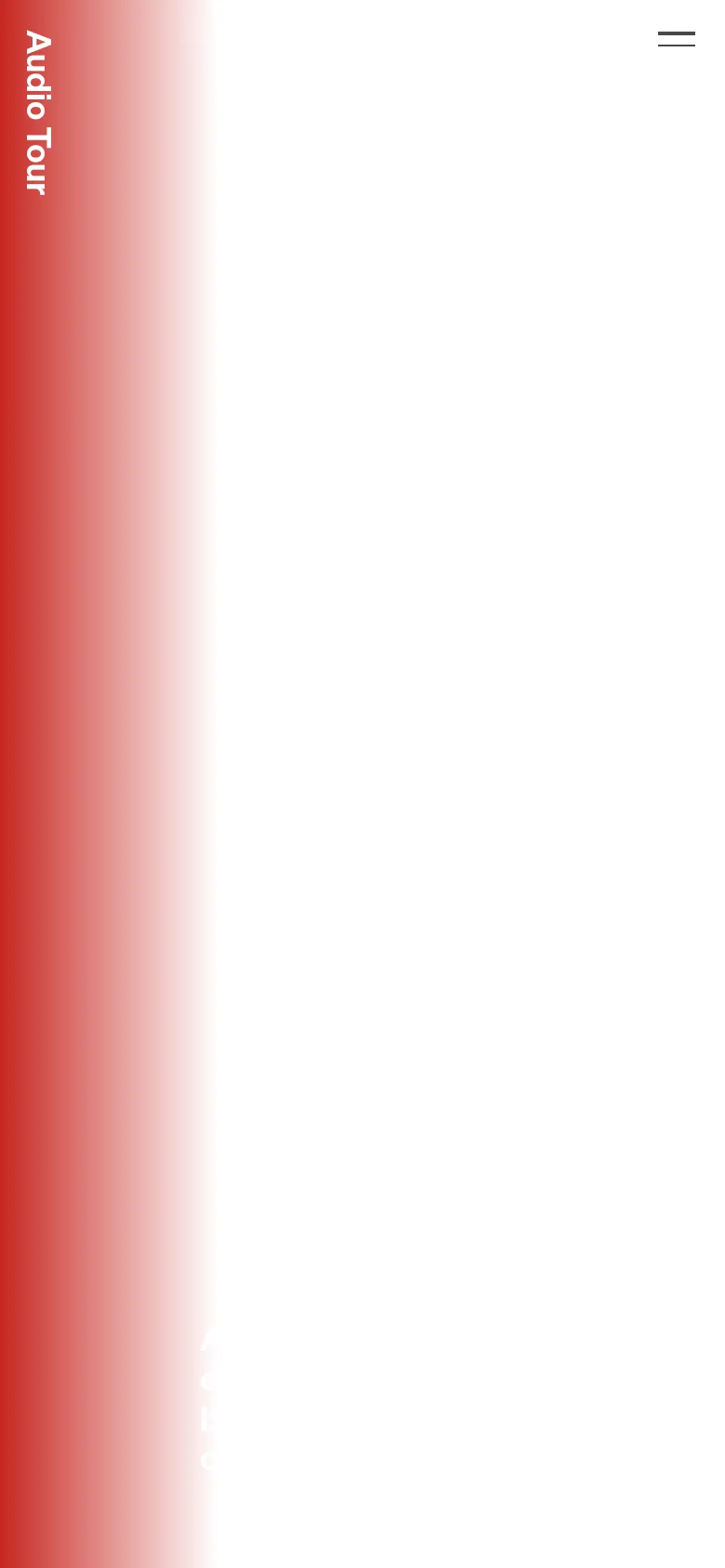 The mobile version presents a simplified, vertical layout dominated by a soft red-to-white gradient background. The headline 'Audio Tour' is oriented vertically on the left side in white text, and the content is streamlined for a narrow screen, focusing on minimal text and a clean aesthetic.